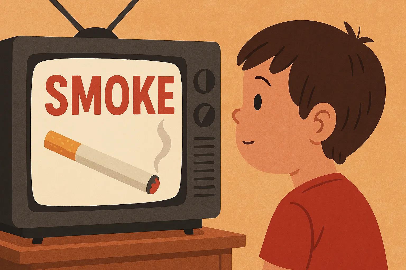 A child watches a vintage TV displaying a cigarette ad with the word “SMOKE,” highlighting the influence of tobacco marketing on kids. Generated by AI.