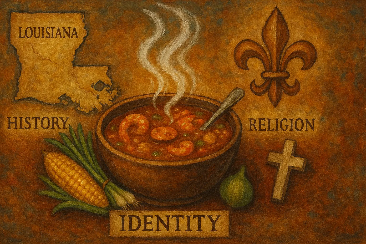 A painting of a steaming bowl of gumbo surrounded by symbols of Louisiana culture, including a map, a fleur-de-lis, a cross, vegetables, and the words “History,” “Religion,” and “Identity.” Generated by AI.